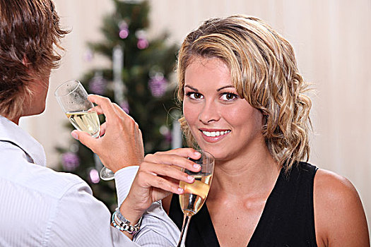 漂亮,少妇,喝,香槟,男朋友,圣诞节
