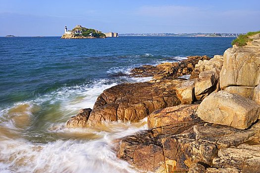 岩石,海岸线,湾,菲尼斯泰尔,布列塔尼半岛,法国