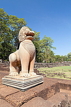 监护,雕塑,狮子,平台,大象,吴哥窟,吴哥,收获,柬埔寨,亚洲