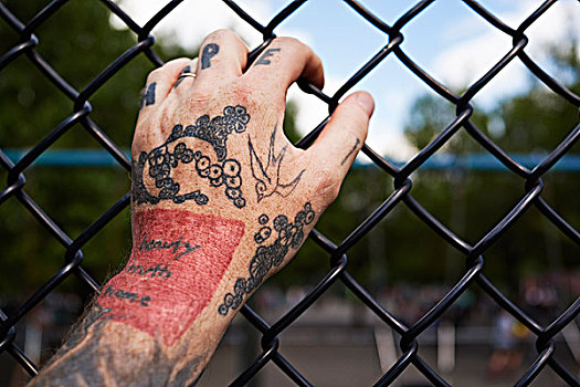 男性,纹身,握着,公园,铁丝栅栏