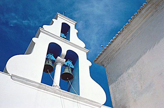 仰视,钟楼,教堂,锡拉岛,希腊