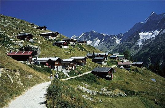 山村,木屋,木制屋舍,山峦,沃利斯,瑞士,欧洲