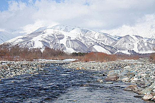 山景,河,雪,长野,日本,亚洲