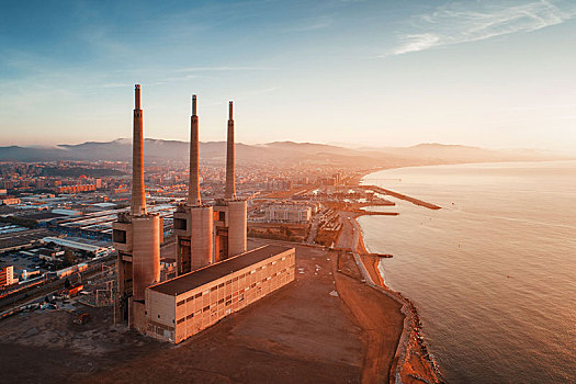 电厂,航拍,日出,巴塞罗那,海岸,西班牙