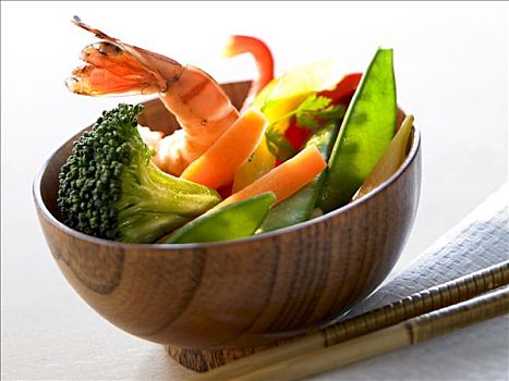 碗,蔬菜,虾,筷子