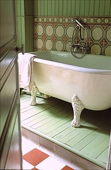 浴室,沐浴,砖瓦,绿色,木地板,门