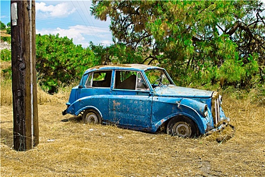 蓝色,老,残骸,汽车,爱琴海岛屿,萨摩斯岛