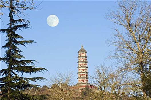 中国,北京,满月,上升,上方,塔,地面,山
