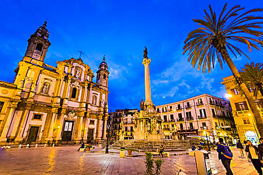 广场,回廊,教会,夜晚,历史名城,巴勒莫,西西里,意大利