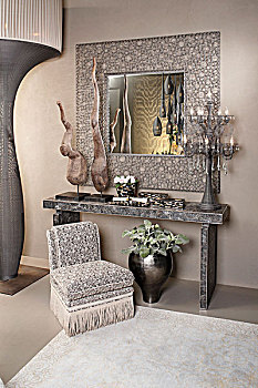 安放,银,灰色,雕塑,灯,桌子,镜子,安乐椅