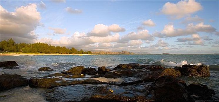 夏威夷,瓦胡岛,湾,平静,海洋,岩石,岸边,日出