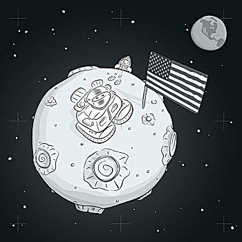 宇航员,旗帜,美国,月亮,黑白