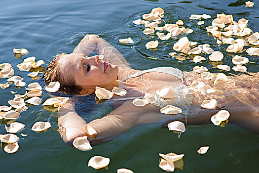 女人,漂浮,花瓣,安静,湖