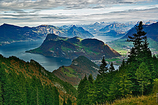 琉森湖,围绕,阿尔卑斯山,乡村,下降,皮拉图斯,山,靠近,瑞士