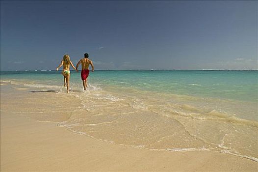 夏威夷,瓦胡岛,伴侣,跑,海滩,握手
