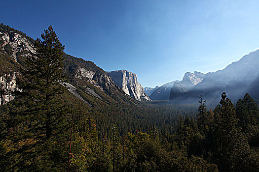 山峰,云雾,树林,森林,黑松树,优山美地国家公园,约塞米蒂国家公园,蓝天,北美洲,美国,加利福尼亚州,内华达山脉,风景,全景,文化,景点,旅游