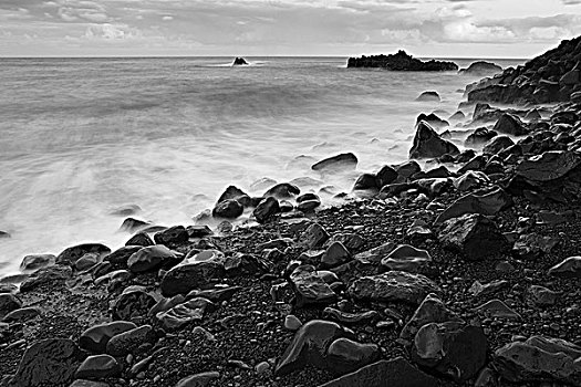 夏威夷,毛伊岛,岩石,海洋,海岸线,晚间,长时间曝光,黑白照片