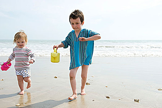 孩子,兄弟姐妹,走,湿,沙子,海滩