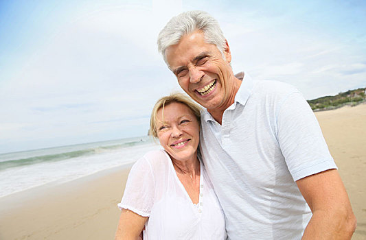 婚姻,老年,夫妻,乐趣,走,海滩