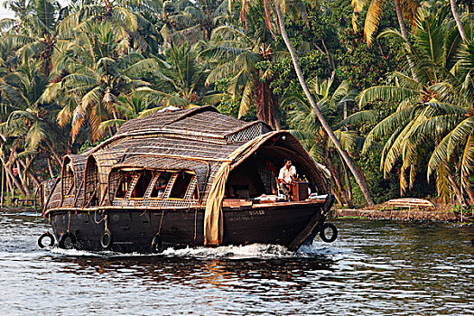 船屋,河,死水,靠近,喀拉拉,印度,南亚,亚洲