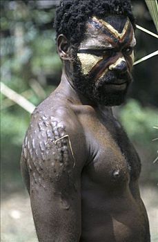 男人,疤痕,纹身,河,地区,巴布亚新几内亚