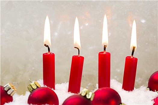 四个,红色,蜡烛,圣诞球,降临节,时间,传统,白色,装饰