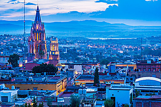 俯视,城市,塔,圣米格尔,光亮,黄昏,瓜纳华托州,墨西哥