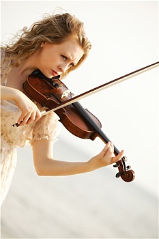头像,金发,女孩,小提琴,户外