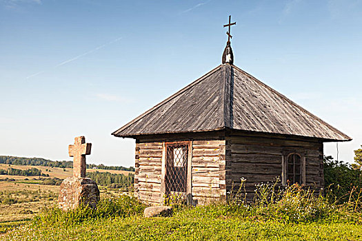 古老,木质,东正教,小教堂,石头,十字架,普斯科夫地区,俄罗斯