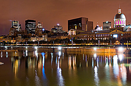 蒙特利尔老城,夜晚,水,蒙特利尔,魁北克,加拿大