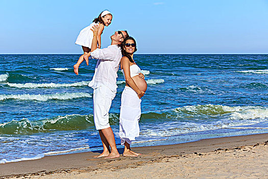 幸福之家,海滩,姿势,放松,怀孕,母亲,女人
