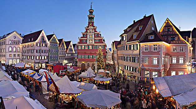 圣诞市场,老市政厅,埃斯林根,内卡河,巴登符腾堡,德国,欧洲