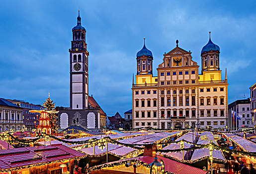 圣诞市场,塔,市政厅,黄昏,奥格斯堡,斯瓦比亚,巴伐利亚,德国,欧洲