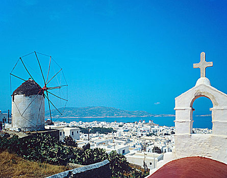 风车,教堂,天际线,米克诺斯岛,岛屿,基克拉迪群岛,希腊