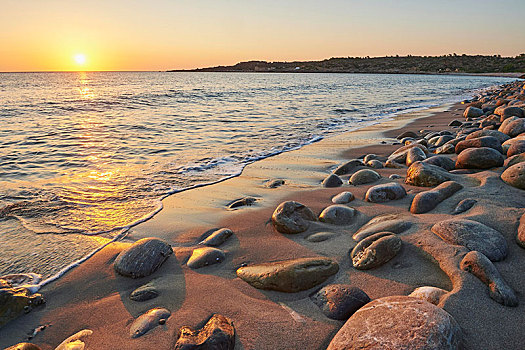 石头,海滩,日落,塞萨利,克里特岛,希腊,欧洲