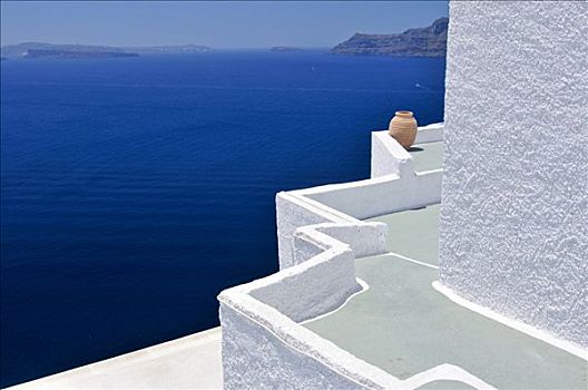 角度,平台,灰色,地面,白色,墙壁,黄色,粘土,花瓶,正面,蓝色海洋,锡拉岛,基克拉迪群岛,希腊,欧洲