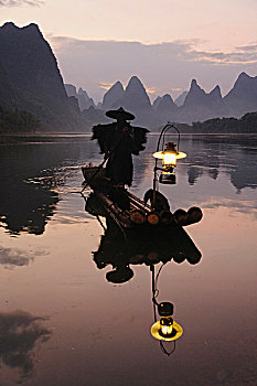 传统,中国,渔民,鸬鹚,漓江,日出,靠近,桂林