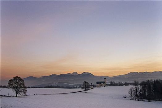 朝圣教堂,日落,冬天,上巴伐利亚,德国