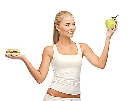运动,女人,苹果,汉堡包