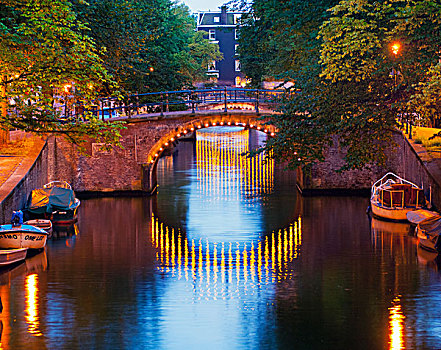 运河,桥,光亮,黄昏,阿姆斯特丹,荷兰