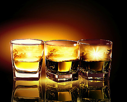 三个,玻璃杯,威士忌,自然,插画