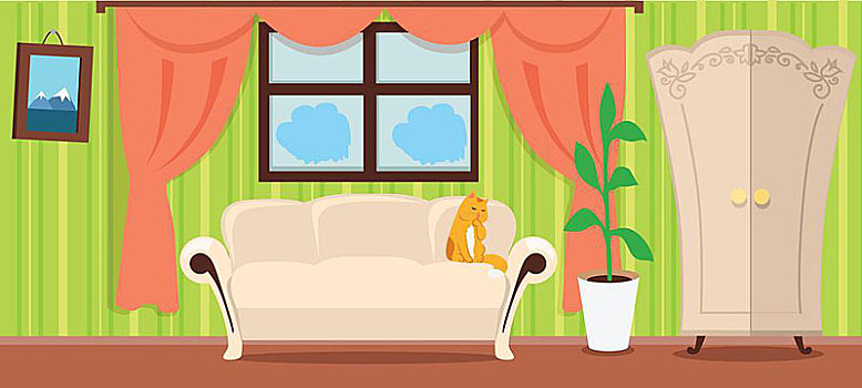 公寓内部,概念,矢量,公寓,设计,风格,房间,风景,猫,沙发,植物,容器,窗户,帘,衣柜,墙壁,家,舒适,生活方式,地点