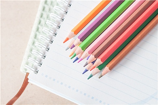 俯视,彩色,铅笔,蜡笔画,活页本,绿色,笔记本