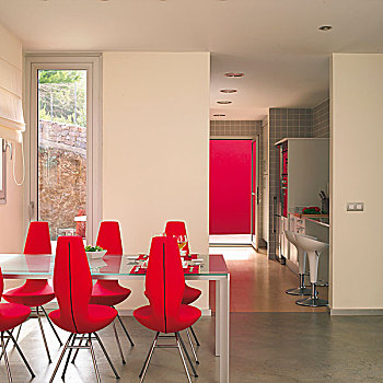 餐桌,红色,软垫,设计师,椅子,擦亮,水泥地,风景,入口,厨房,吧椅,台案