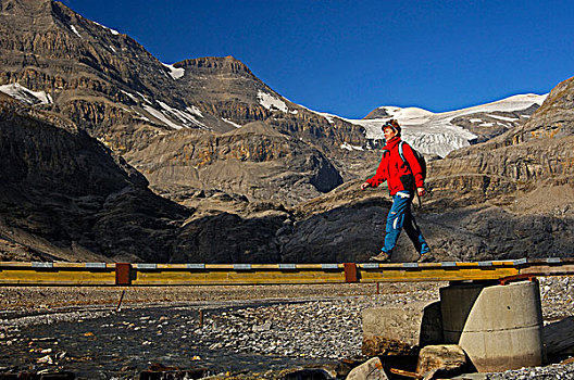 远足者,穿过,桥,上方,河流,高原,正面,冰河,伯尔尼阿尔卑斯山,瑞士,欧洲