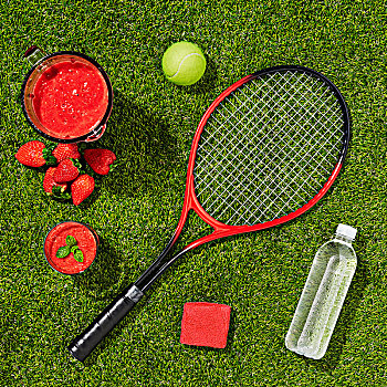 草莓,冰沙,网球拍,草地