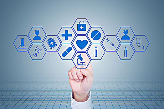 手指点触虚拟屏幕上的医疗图标,现代医疗技术创新概念创意图