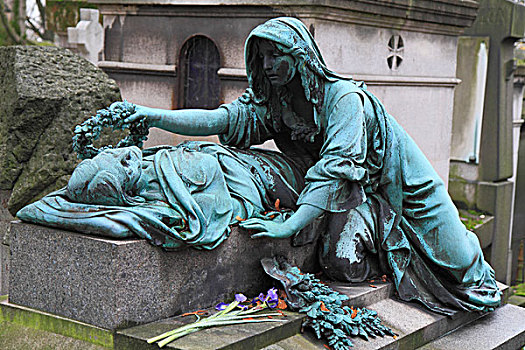 墓地,年轻,女人,围巾,放置,花环,头部,死亡,巴黎,法国,欧洲