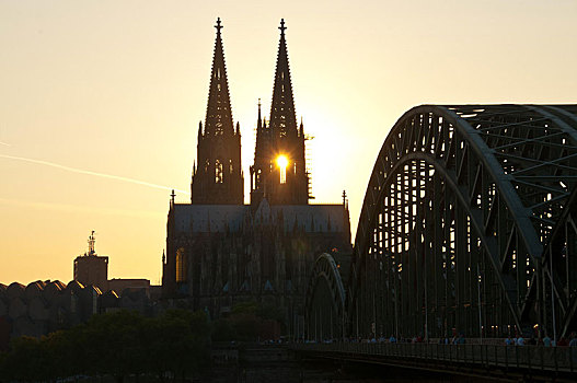 傍晚,科隆大教堂,桥,科隆,北莱茵威斯特伐利亚,德国,欧洲