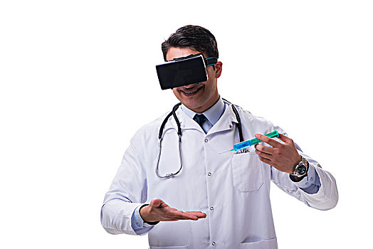 医生,戴着,虚拟现实,耳机,隔绝,白色背景,背景